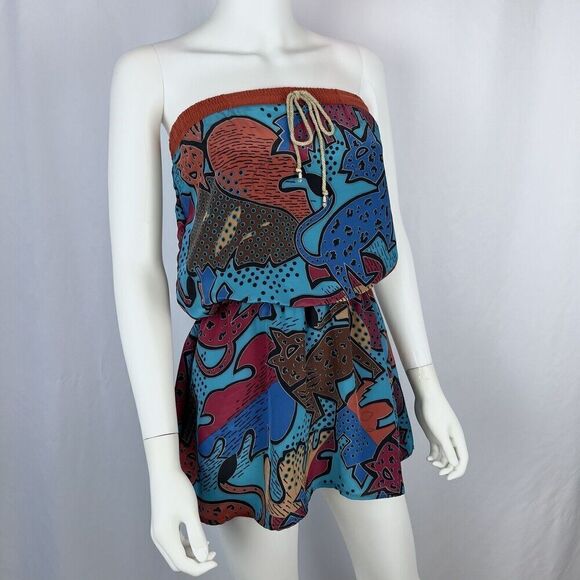 Super Lucky Cat Small Blue Abstract Print Recycled Strapless Mini Dress - Picture 3 of 8